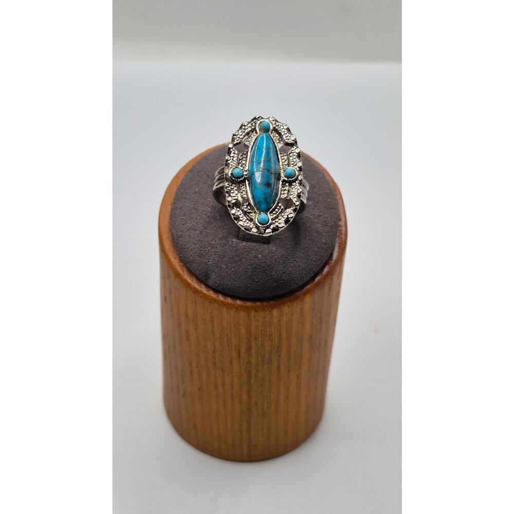 Vintage Turquoise Style Ring Adjustable Silver Tone Filigree Navette